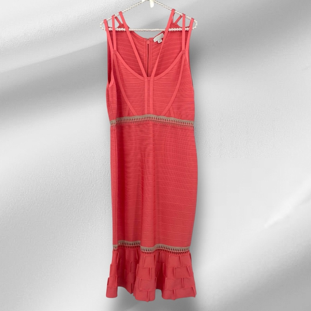 Carlisle New York Dress Size XL Coral Orange Stretch Knit Bodycon Midi Slimming